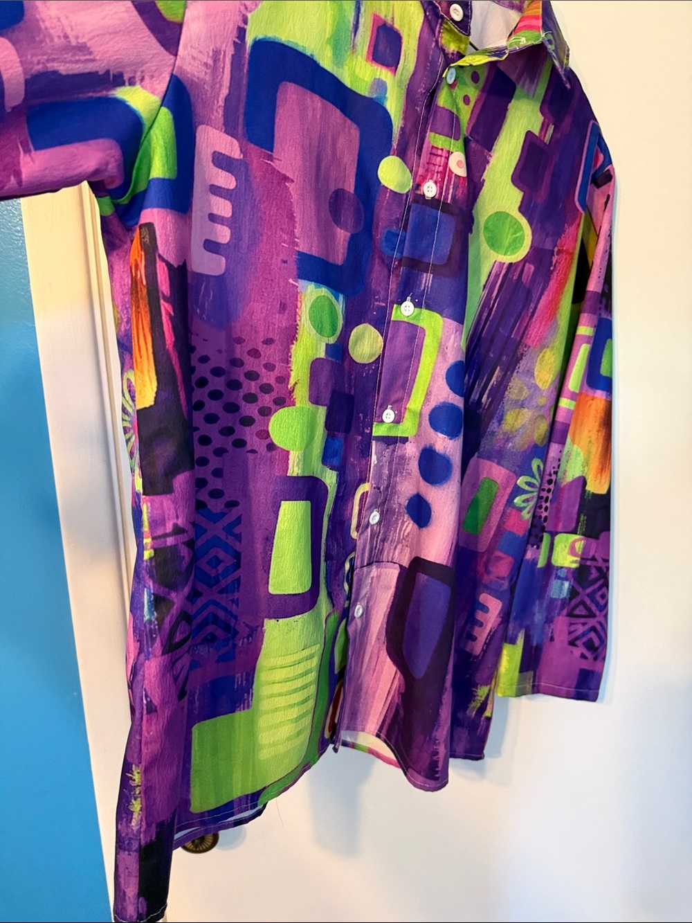 Womens Vibrant Purple & Lime Abstract Button-Up Shirt - Picture 2 of 7